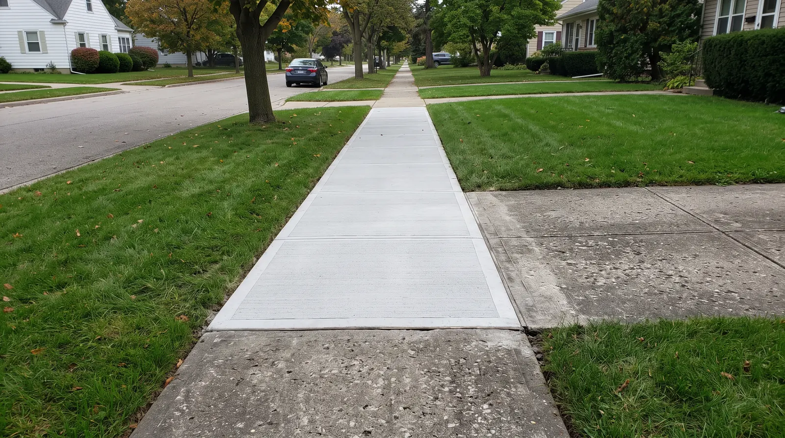 Newly replaced concrete sidewalk squares meeting older weathered panels on a residential street