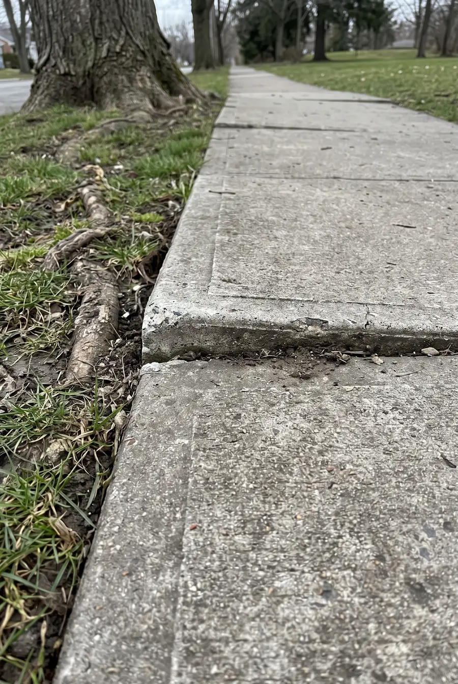 Sidewalk square heaved up at the joint by a tree root, forming a step above the neighboring square